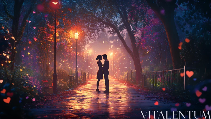 Silhouetted figures in illuminated pathway with particle effects.