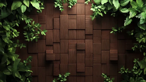 Lush green foliage frames a textured geometric wooden wall