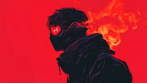 Flame-headed street phantom in neon red silence.