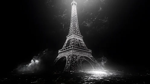 Eiffel Tower rendered in stark monochrome digital light.
