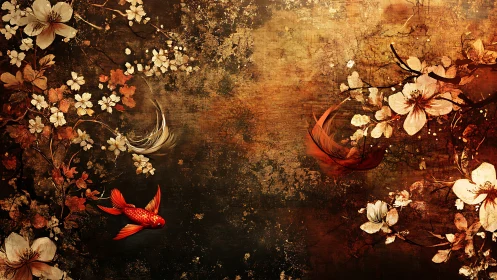 Golden koi gliding beneath dreamy blossoms and warm petals.