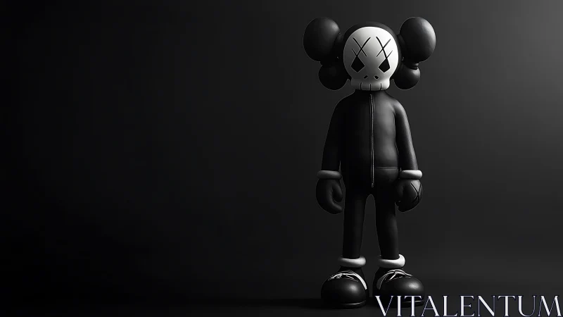 Monochrome skull-headed vinyl character in studio lighting.