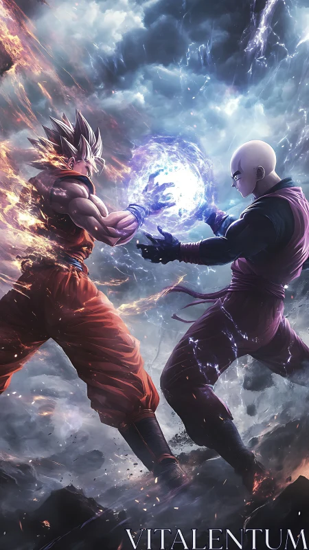 Opposed martial energies colliding in storm-lit aerial duel.