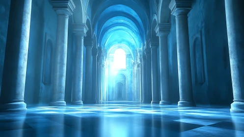 Ethereal Sanctuary: Luminous Colonnade in Cyan Silence.