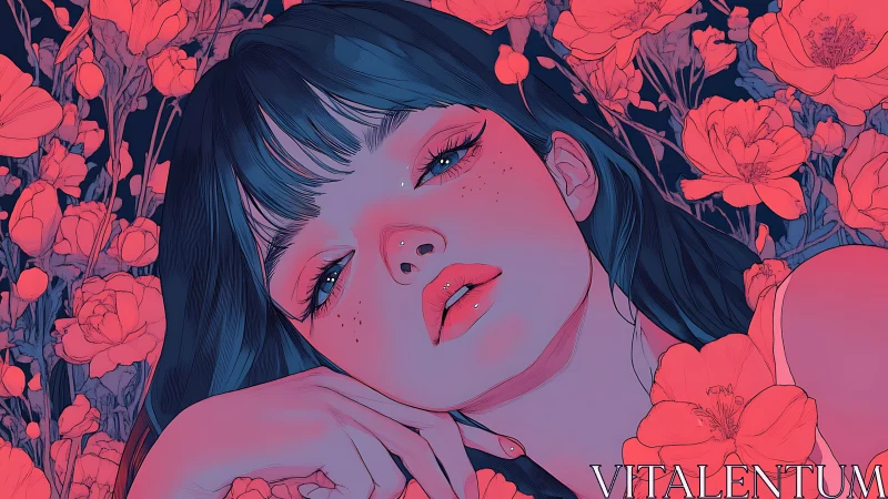 Female portrait in stylized floral frame with cool contrast.