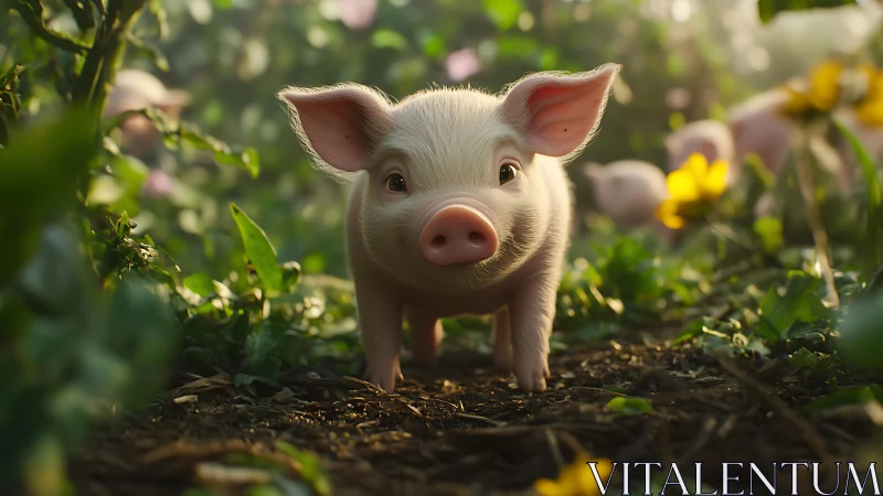 Photoreal piglet portrait in shallow depth of field garden