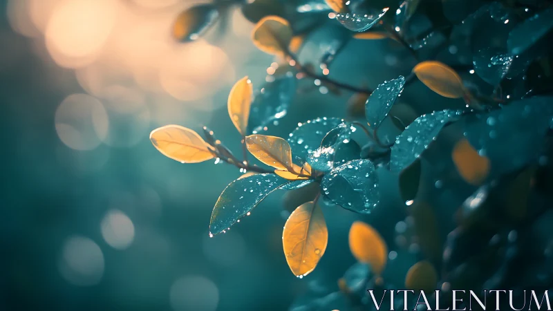 Golden leaves with dewdrops under teal bokeh backlighting.
