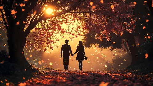 Couple walking hand in hand through autumn tree tunnel with golden light