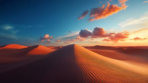 Low-angle desert dune ridge under high-saturation sunset sky gradients