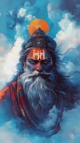 Mystic sage emerges from celestial clouds beneath a radiant sun