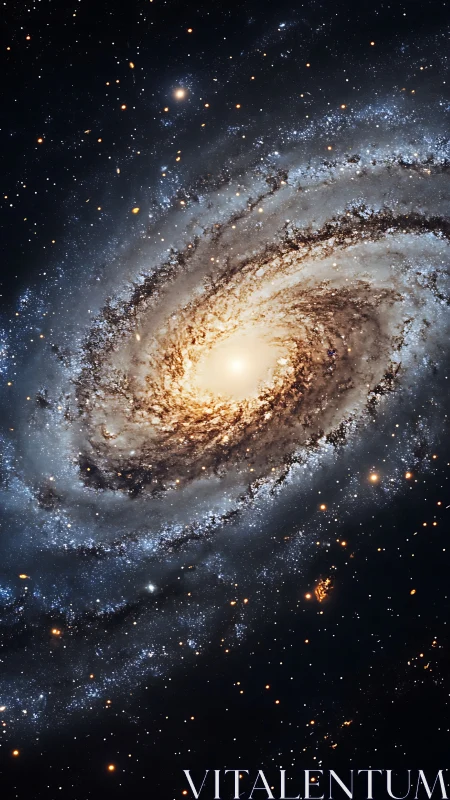 Spiral galaxy with luminous central core and dust lanes.