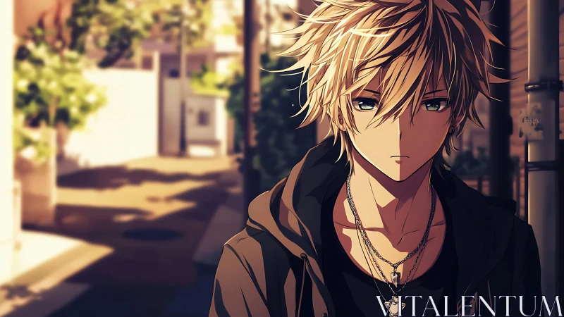 Golden-haired boy in evening streets, quietly lost in thought.