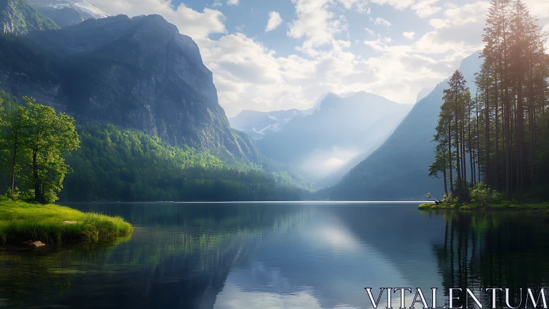 Whispering alpine lake cradled by soft sunlit giants.