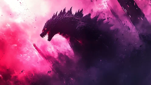 Neon storm kaiju roaring through a cosmic magenta rupture.