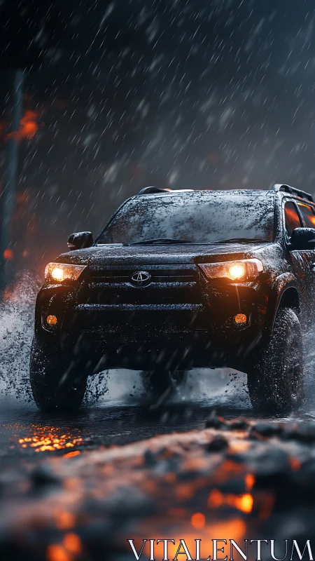 Off-road SUV drives through heavy rain on a wet street