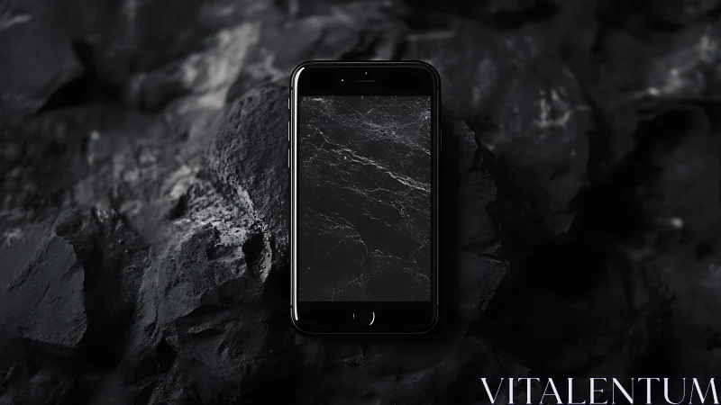 Black smartphone on rugged rocks with marble screen motif.