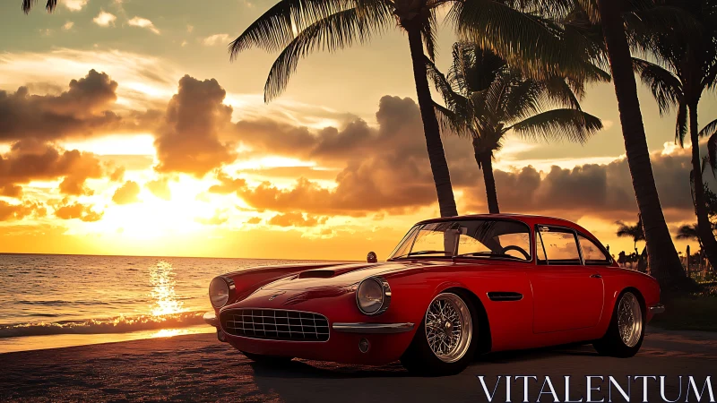 Red vintage coupe is parked beside palm trees at sunset