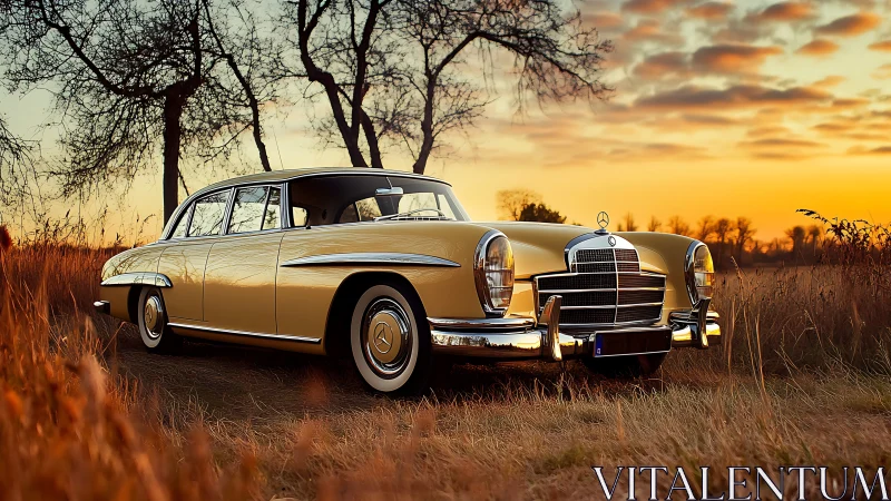 Golden vintage car resting in a warm autumn sunset field.