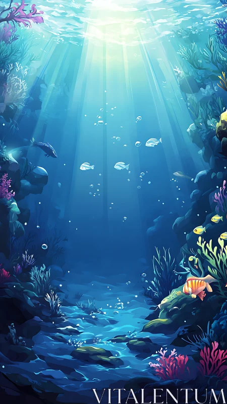 Sunlit underwater canyon shows coral walls and drifting fish