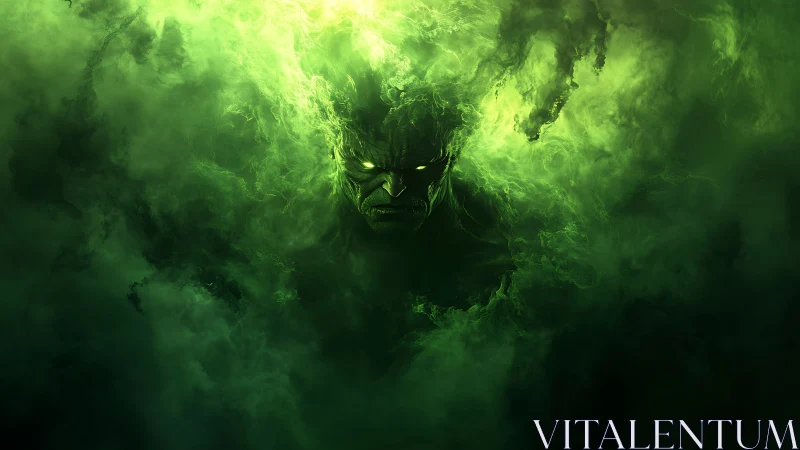 Mysterious green spirit emerging from swirling smoke.