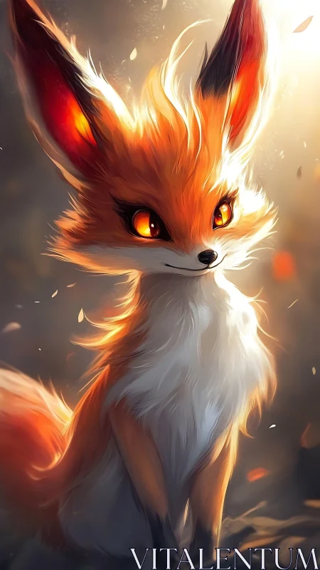 Fiery eared fox spirit in glowing forest light.