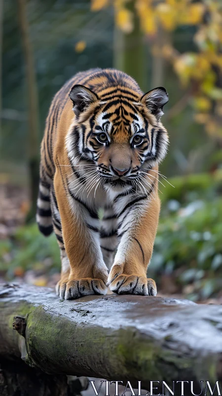 Young tiger poised on mossy log in soft forest light.