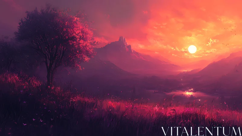 Crimson valley sunset beneath luminous mountain spires.