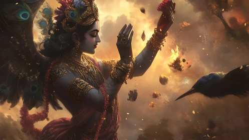 Winged goddess dancing through burning sky and crows.