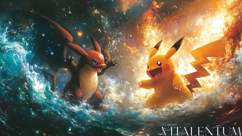 Dynamic elemental clash unites stylized fire and lightning forms