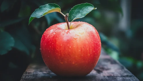 Fresh garden apple resting softly with morning dew.