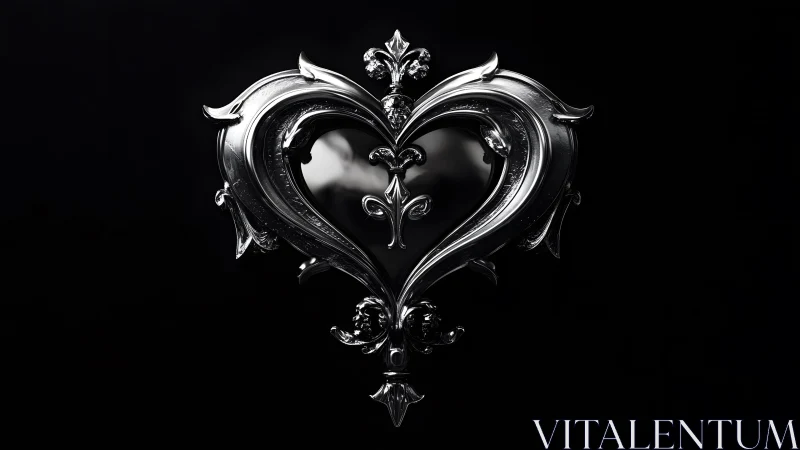 Ornate Silver Heart with Baroque Details on Black Background.
