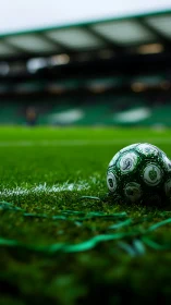 Inviting green soccer ball resting on a quiet stadium pitch.
