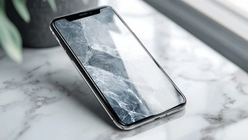 Smartphone with cracked screen on reflective marble surface.
