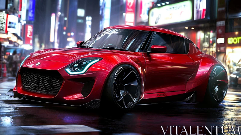 Neon storm coupe prowling slick city streets at midnight.