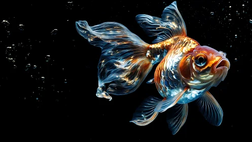 Goldfish glows underwater with translucent trailing fins.