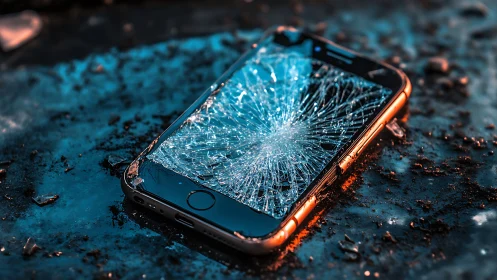 Shattered smartphone resting in moody blue and copper light.