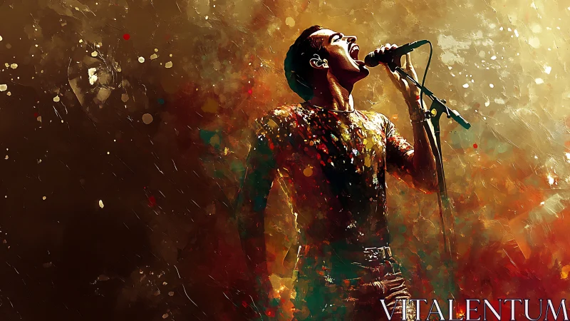 Passionate singer shining in a swirl of glowing color and light.