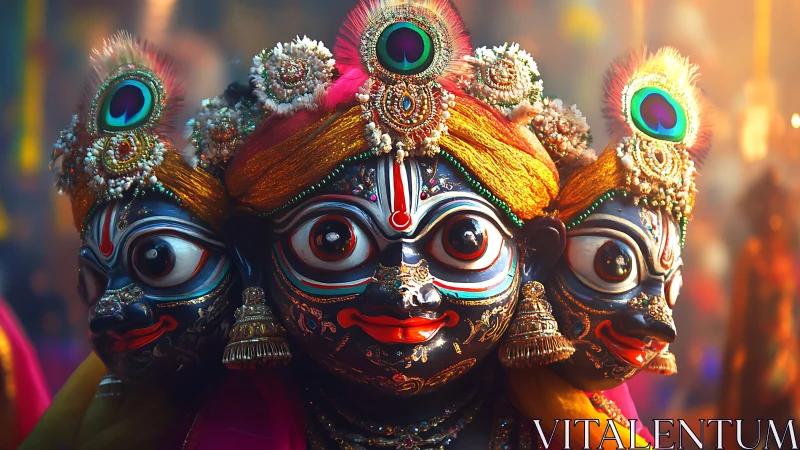 Vibrant triple deity masks glow with ornate festival detail.
