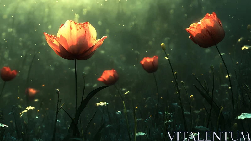 Red Tulips Glowing in Misty Green Field.