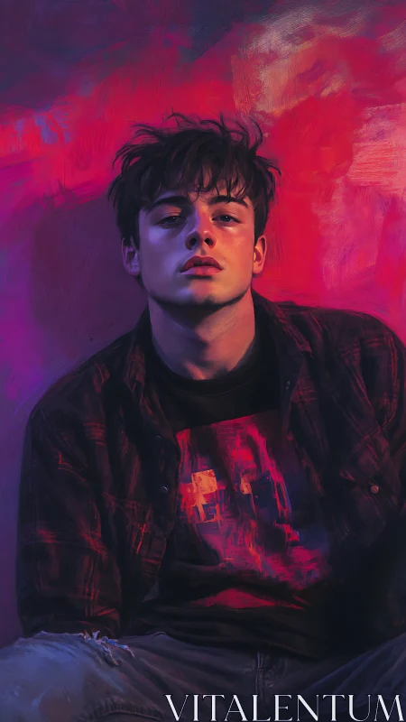 Young male portrait against vivid magenta painted backdrop.