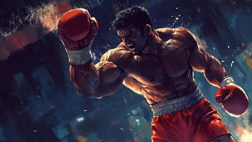 Boxer in Combat Stance with Red Gloves Against Dark Background.