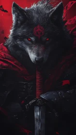 Wolf warrior with glowing red eyes grips bloodstained sword