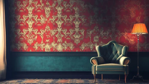 Cozy vintage armchair glowing against patterned red wall.