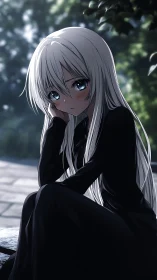 Girl with long white hair sits outdoors in shaded area