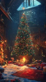 Tall decorated tree stands in snow covered interior space