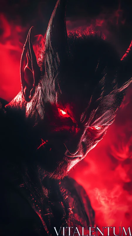 Crimson horned entity leans from firelit shadow and stares