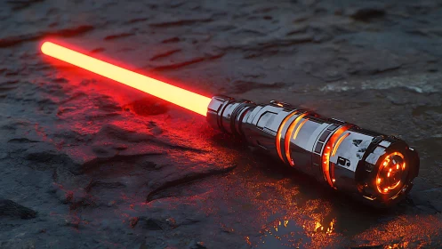 Red plasma saber glows over wet volcanic rock surface.