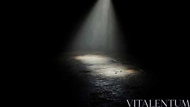 Solitary spotlight cuts through darkness onto wet concrete