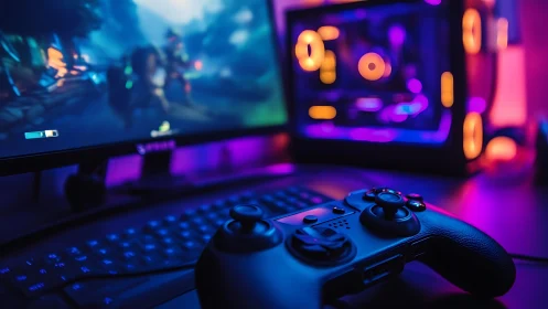 RGB-lit gaming setup glows around controller in neon haze