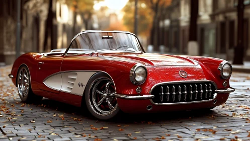 Red classic convertible sports car on autumn city street.